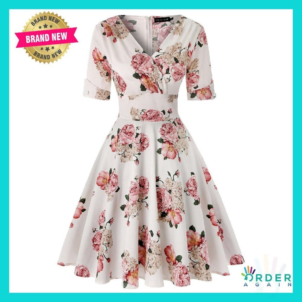 Vintage Wrap V-Neck Swing Dress Retro Cocktail Elegant Half Sleeve A-Line